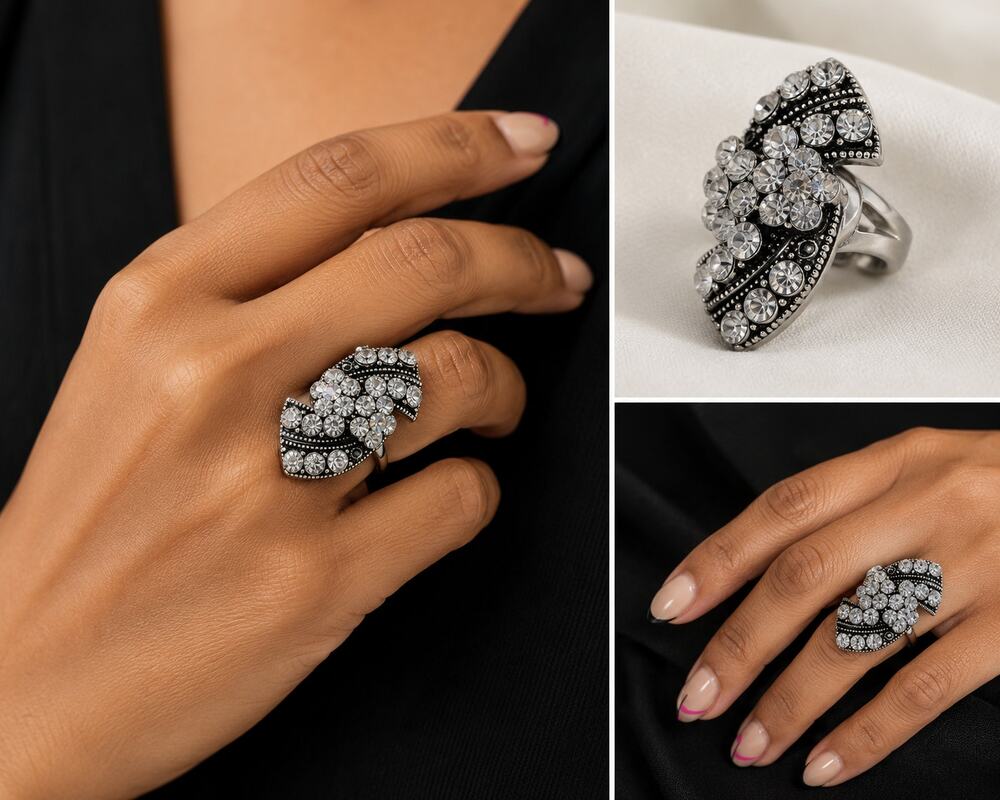 Vintage Silver Rhinestone Cocktail Ring Statement Sparkle Ring